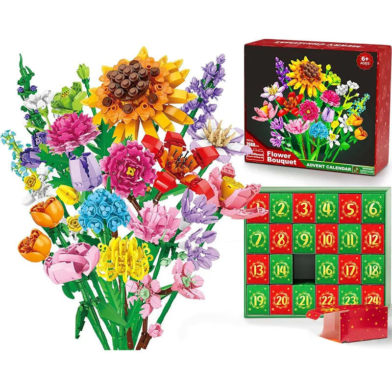 Advent Calendar 2025 Flower Bouquet Building Blocks For Adults Kids 24 Days Christmas Countdown Calendars With 24 Types Flowers